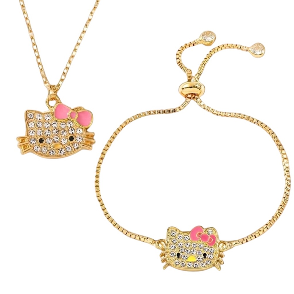Hello Kitty Gold and Pink Sparkle Necklace and Bracelet Set